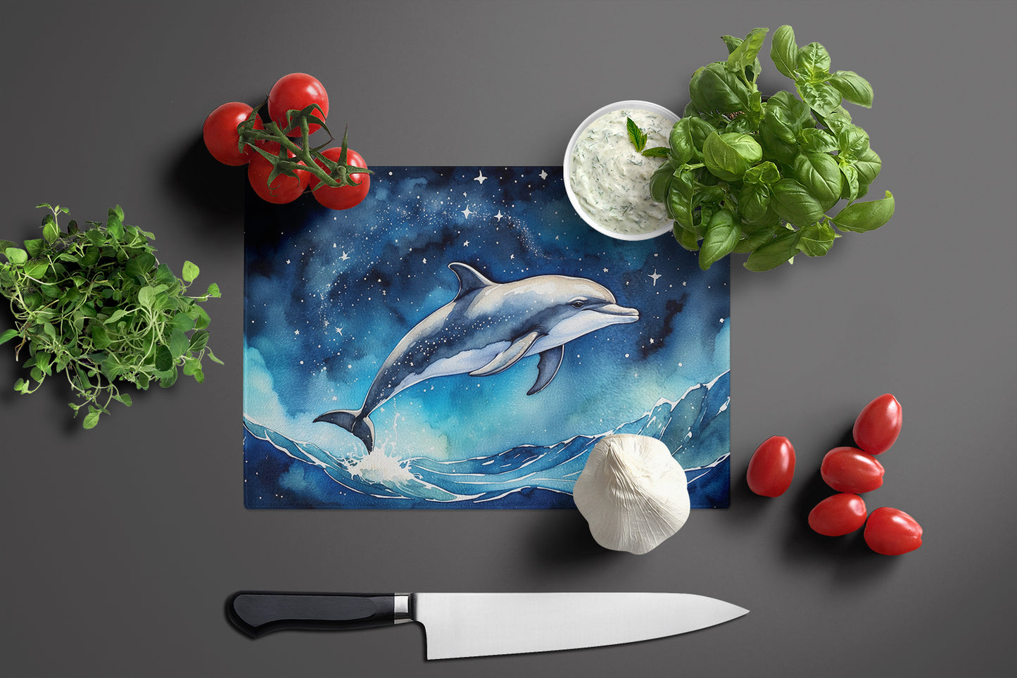 Dolphin in a Starry Sea Glass Cutting Board