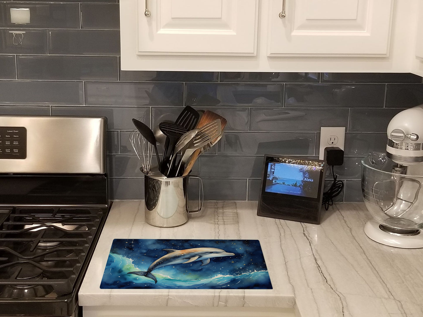 Dolphin in a Starry Sea Glass Cutting Board