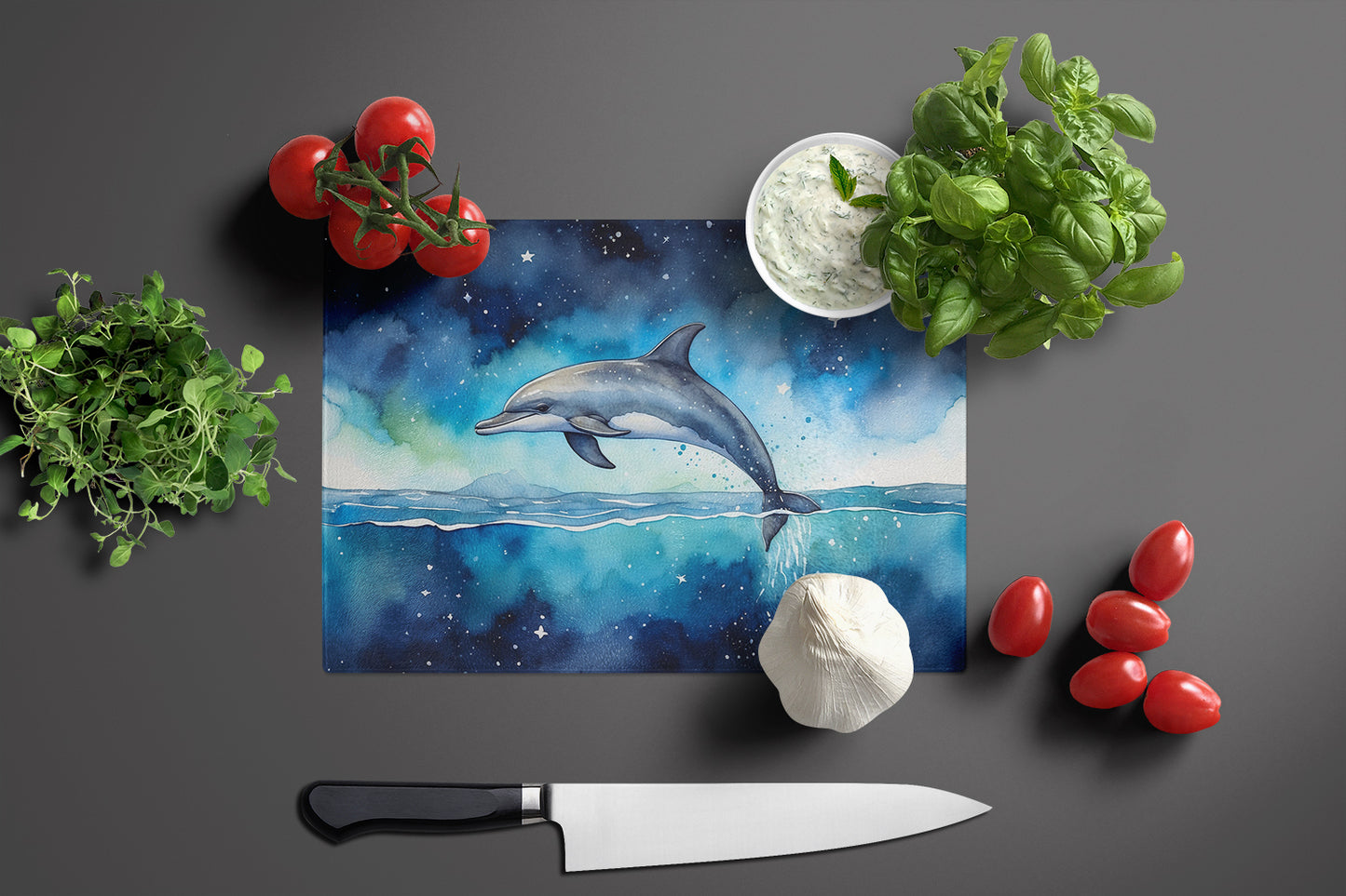 Dolphin in a Starry Sea Glass Cutting Board