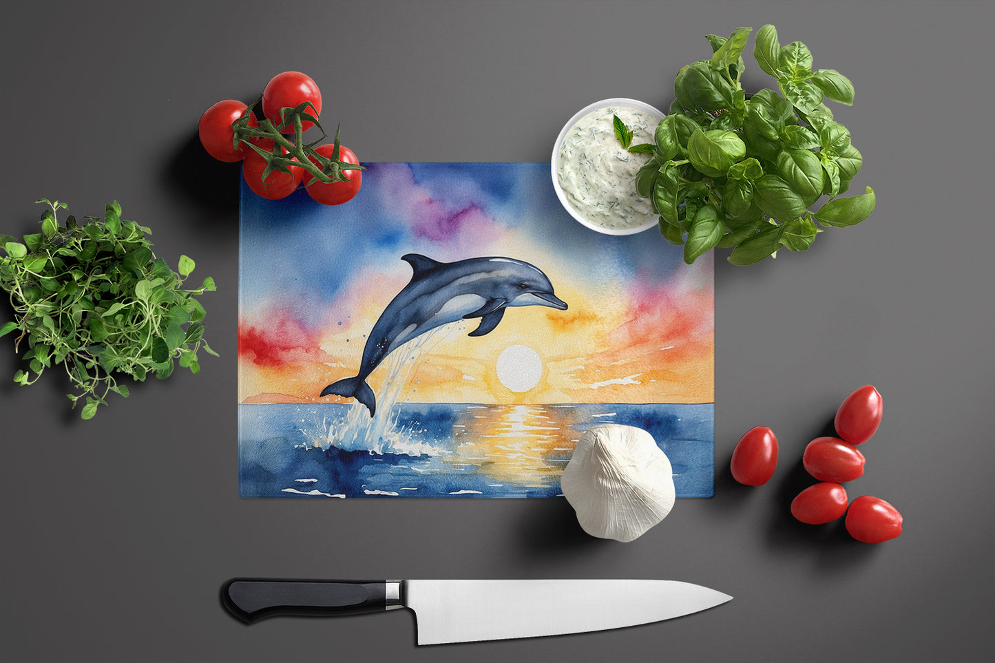 Dolphin Leaping at Sunrise Glass Cutting Board