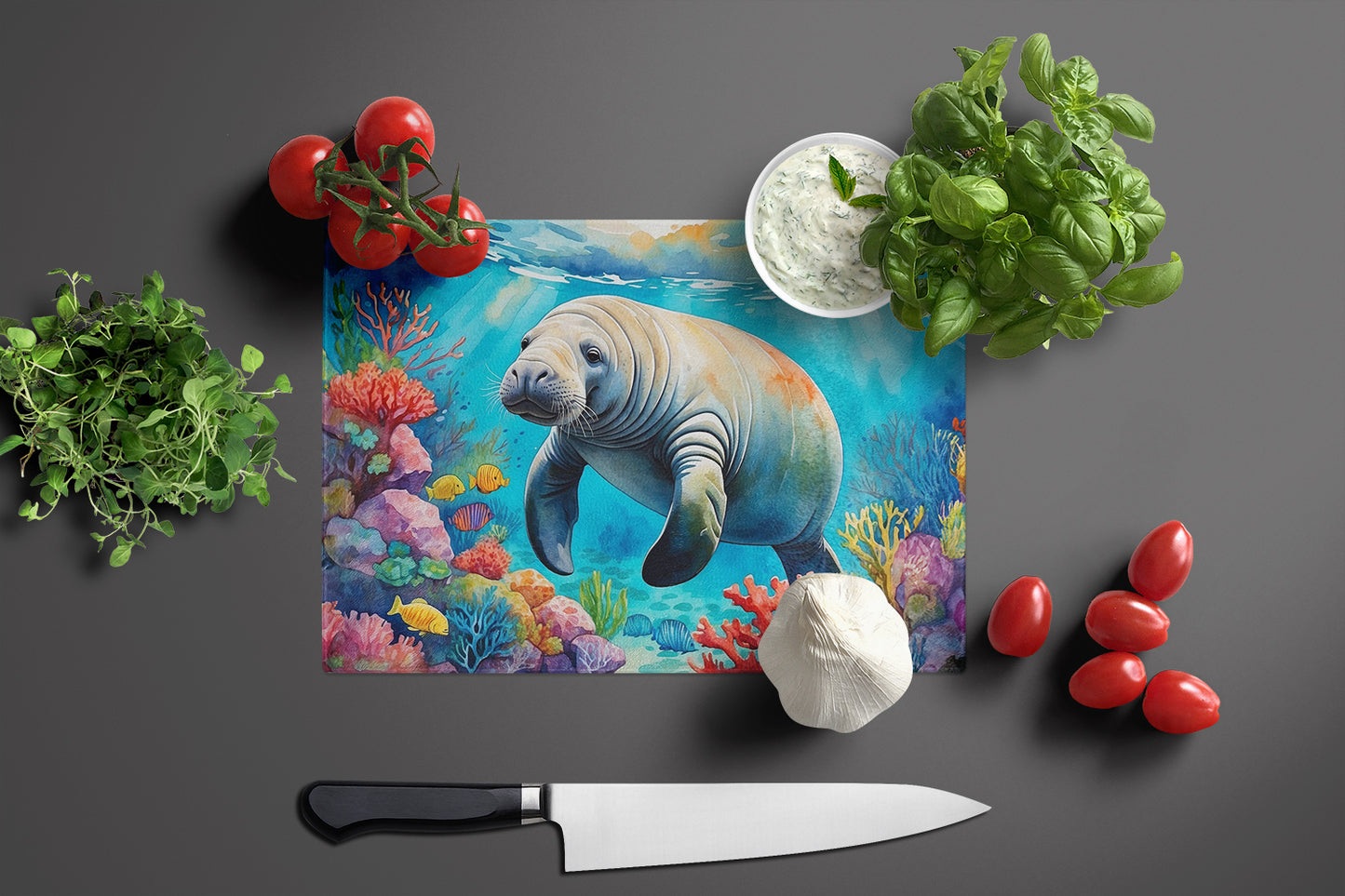 Manatee and Coral Reefs Glass Cutting Board