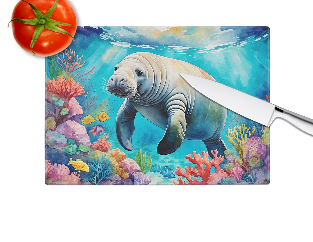 Manatee and Coral Reefs Glass Cutting Board