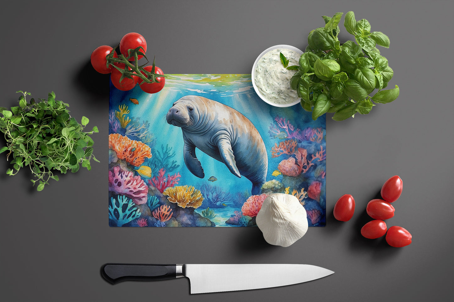 Manatee and Coral Reefs Glass Cutting Board