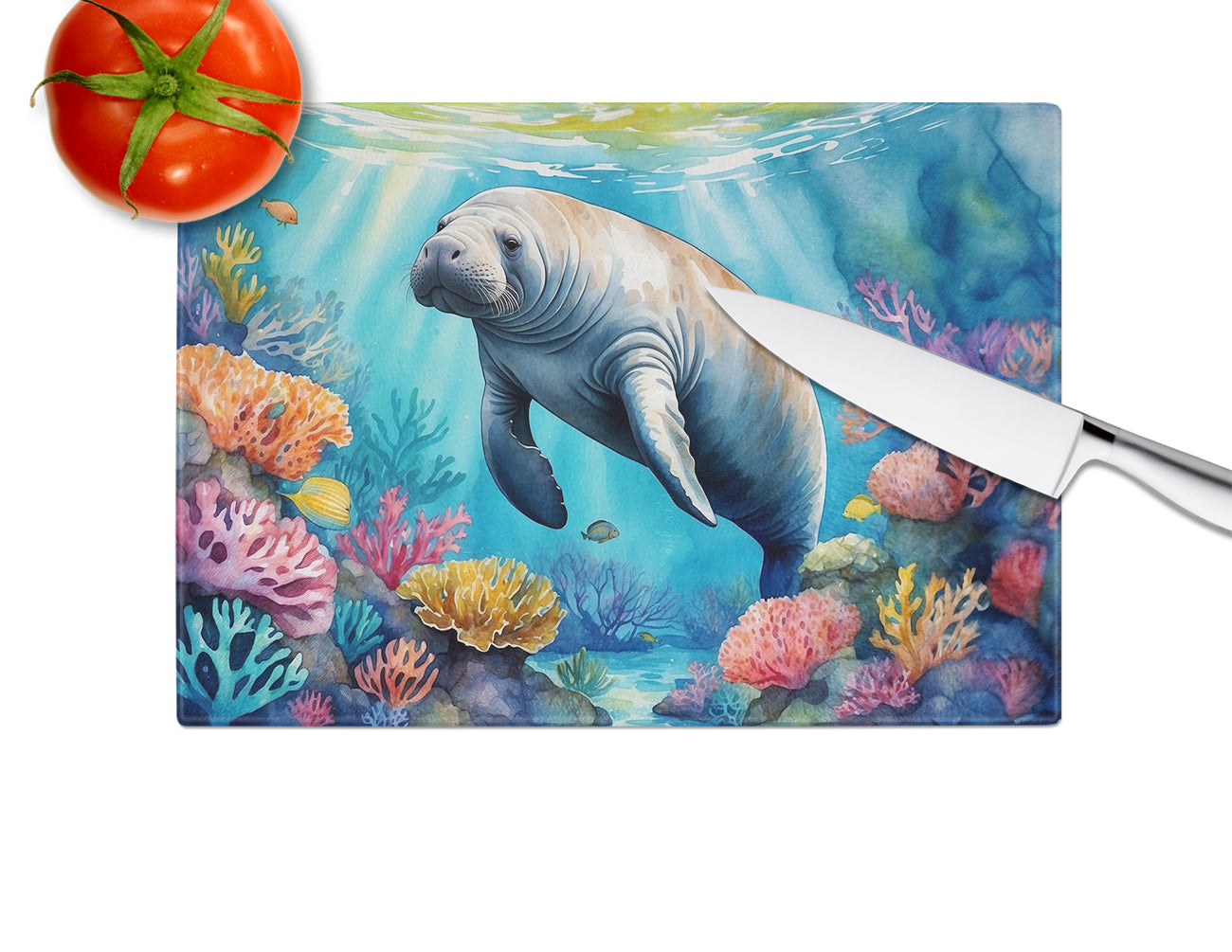 Manatee and Coral Reefs Glass Cutting Board