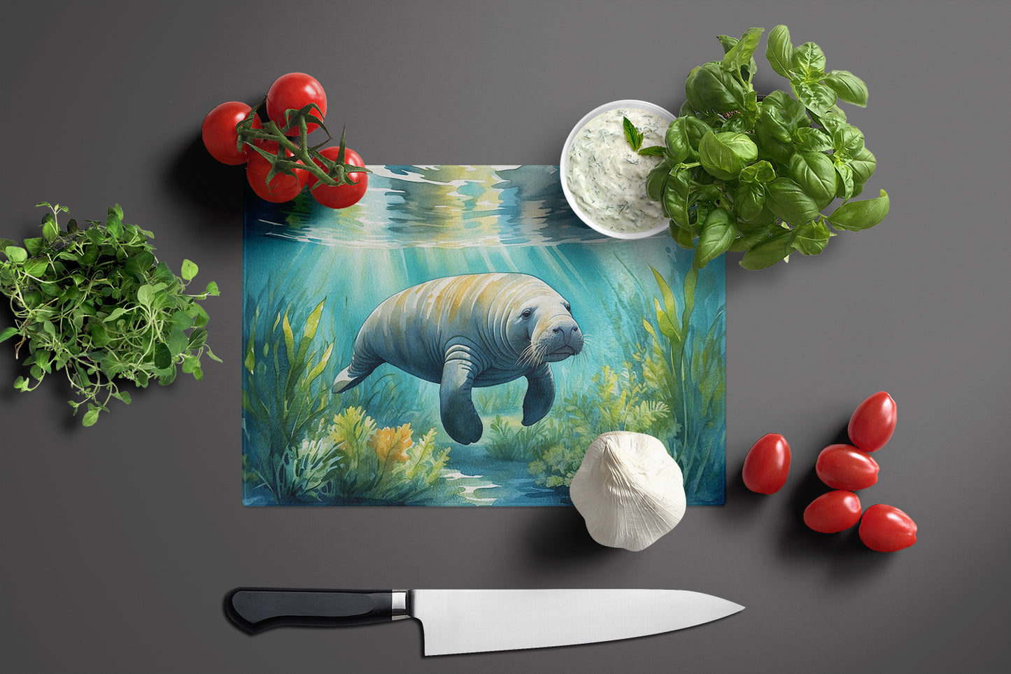 Manatee in a Seagrass Bed Glass Cutting Board