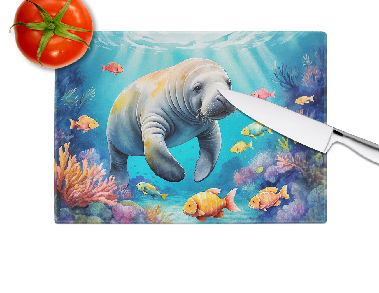 Summer Manatee Glass Cutting Board