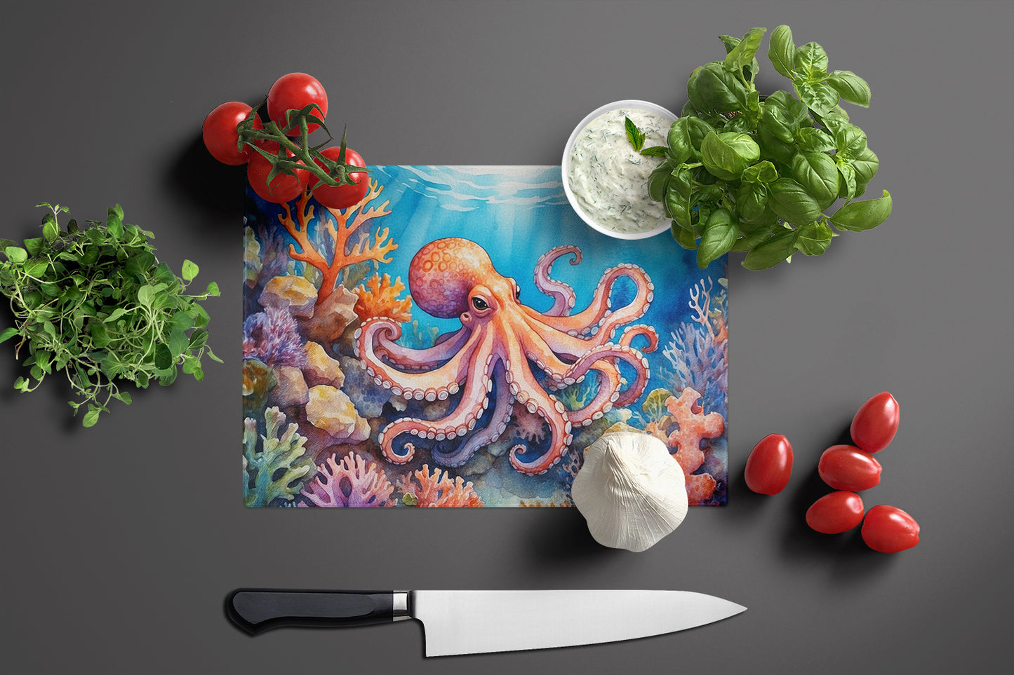 Octopus Among Coral Glass Cutting Board