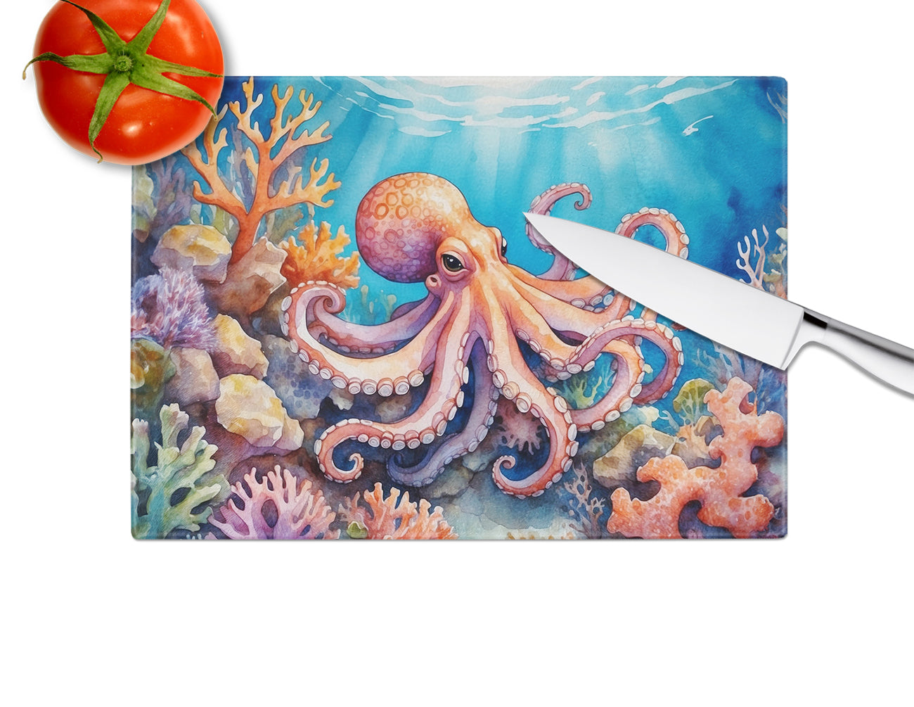 Octopus Among Coral Glass Cutting Board