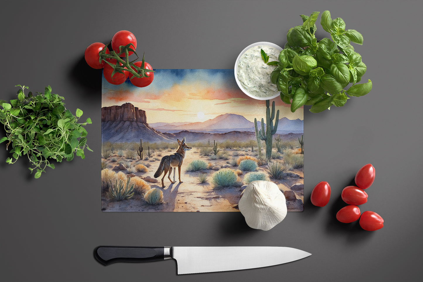 Desert Sunset Coyote Glass Cutting Board