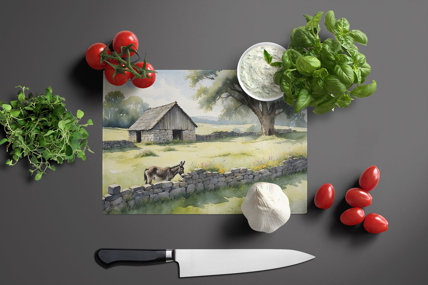 Donkey by the Stone Wall Glass Cutting Board