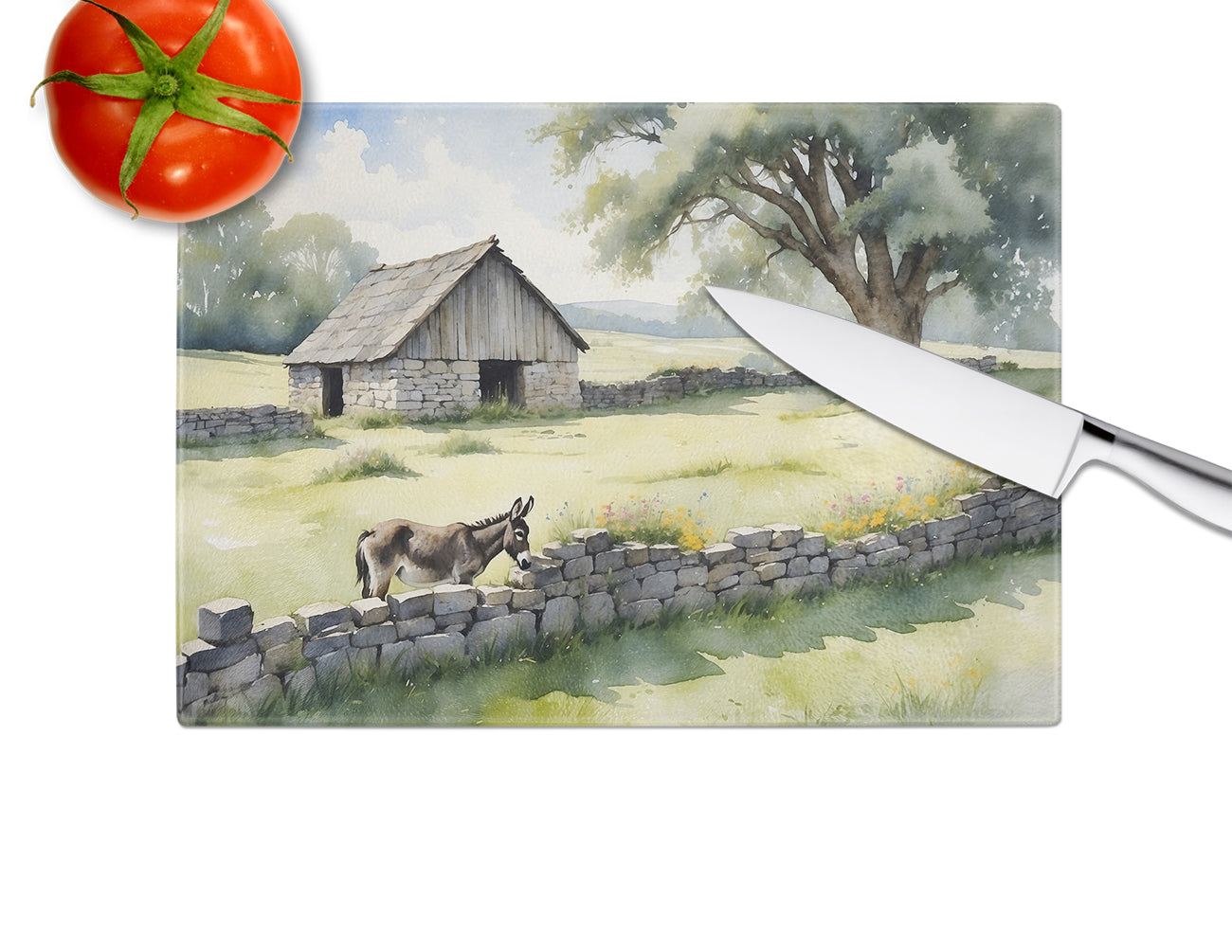 Donkey by the Stone Wall Glass Cutting Board