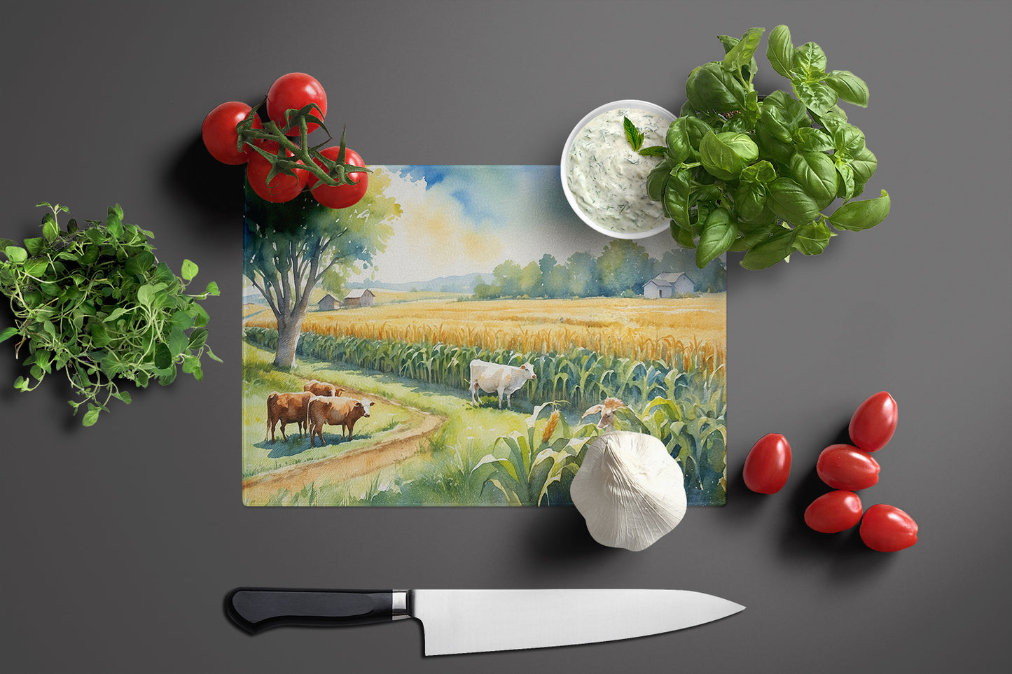 Cows by the Cornfield Glass Cutting Board