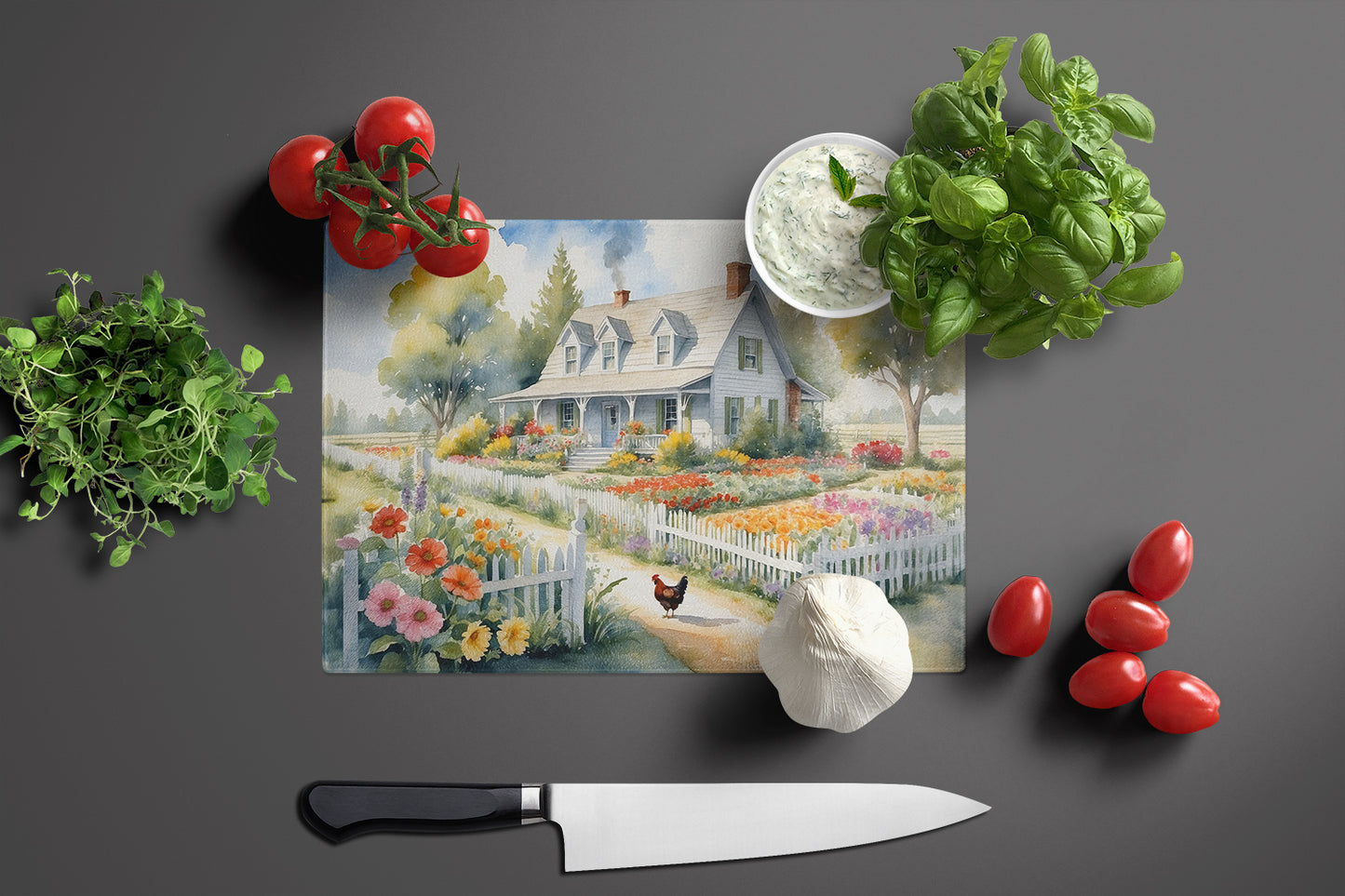 Chicken Farmhouse Garden Glass Cutting Board