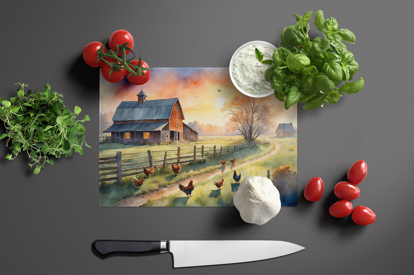 Chicken Farmyard Sunrise Glass Cutting Board