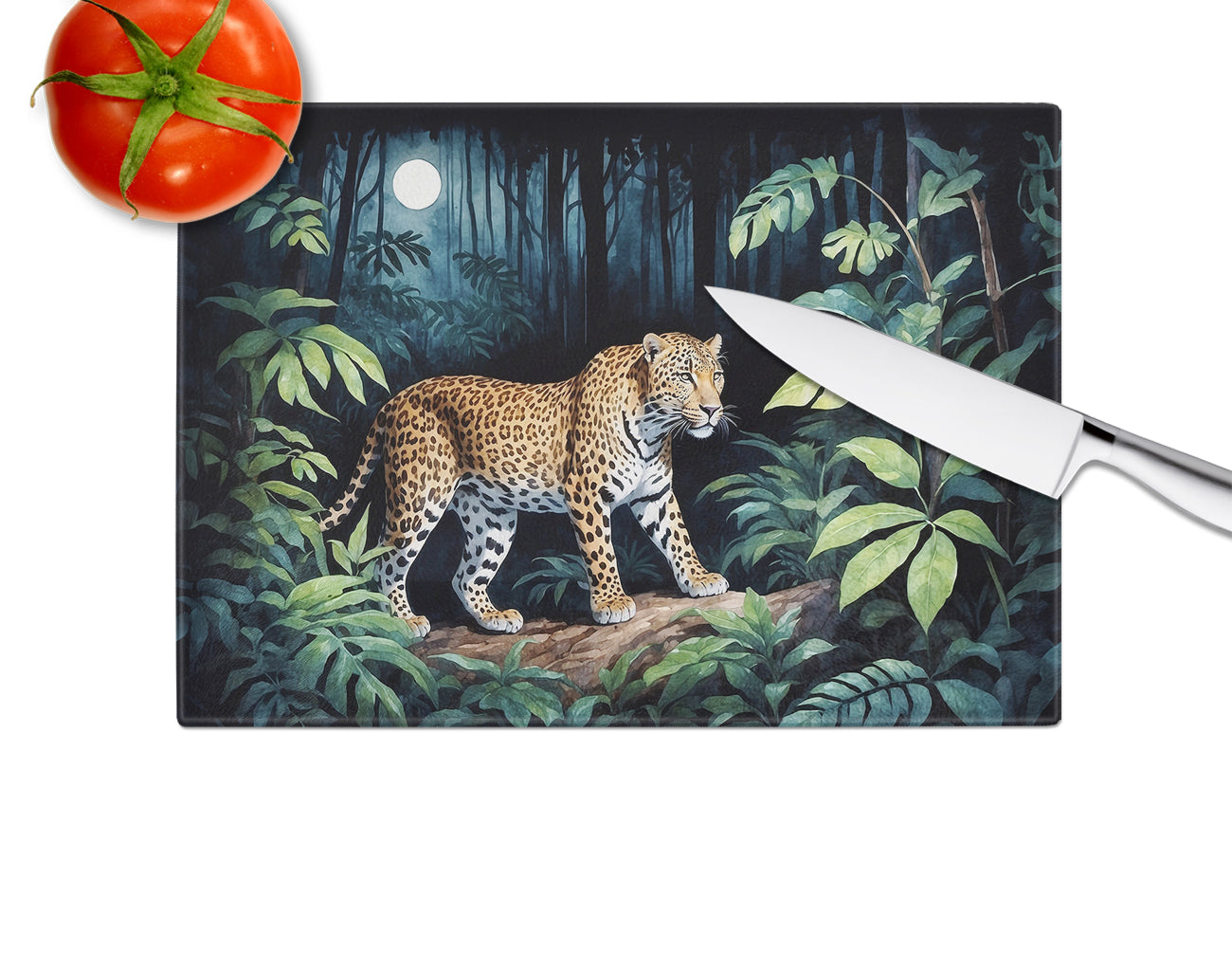 Leopard Nighttime in the Jungle Glass Cutting Board