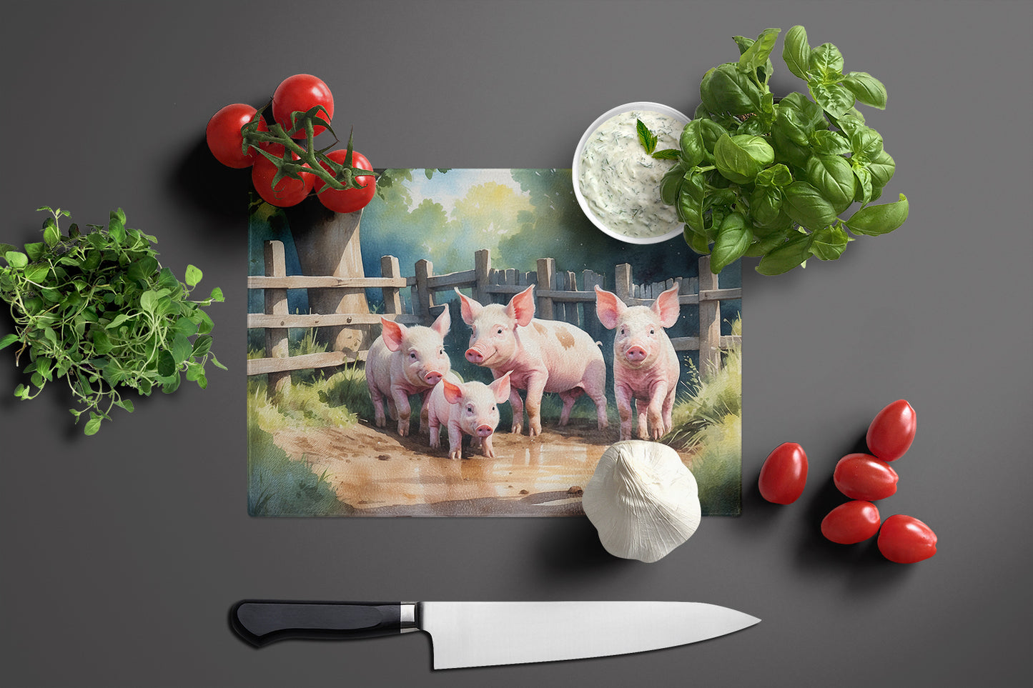 Piglets in the Mud Glass Cutting Board