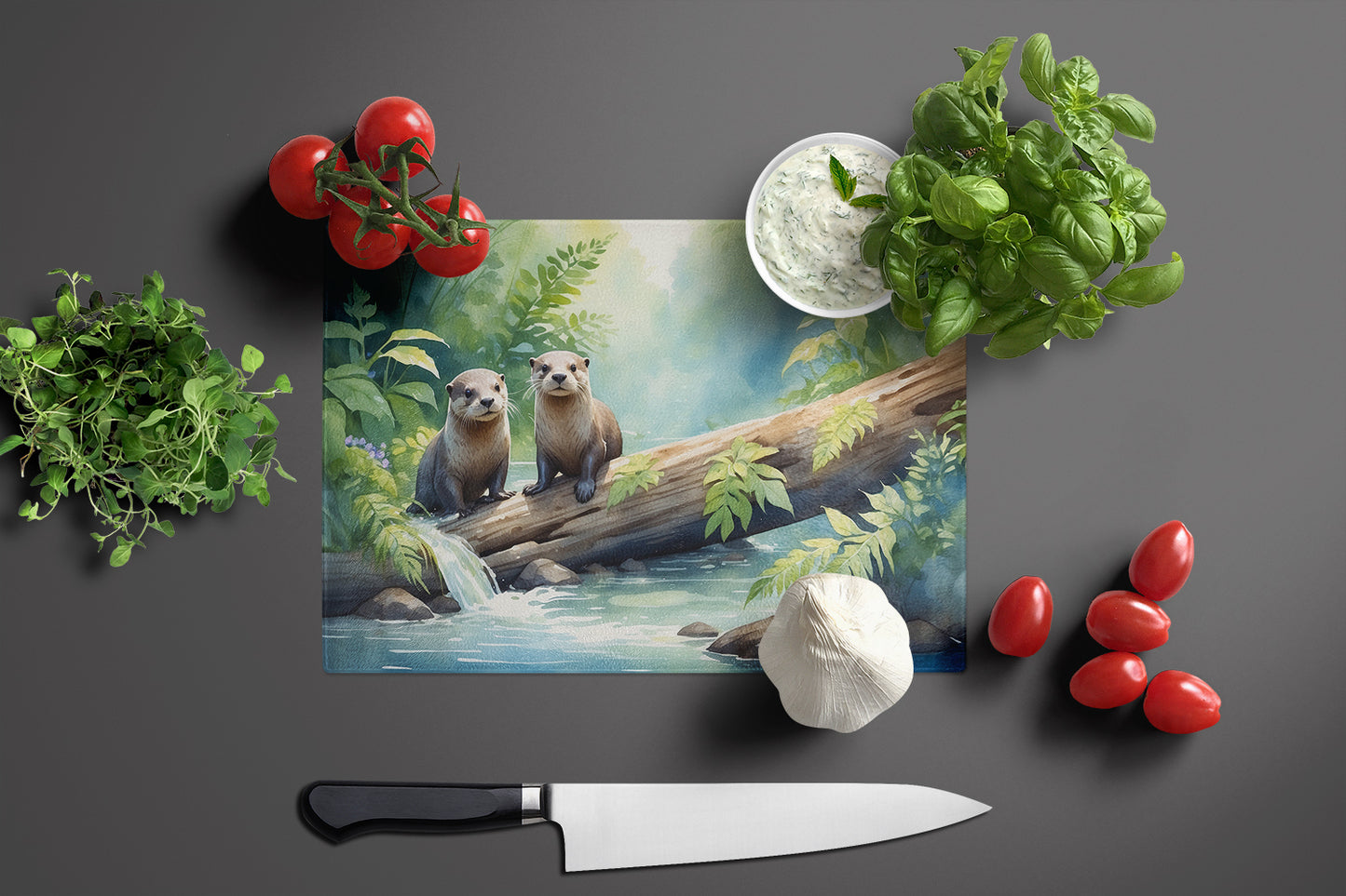 River Otters at Play Glass Cutting Board