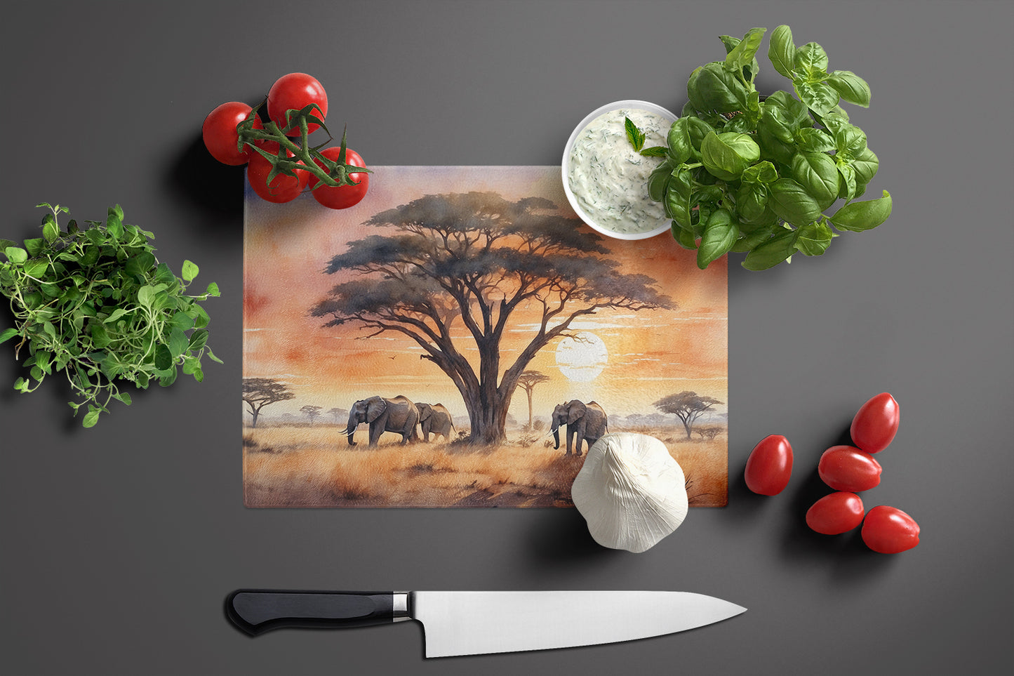 Elephants Savanna Sunrise Glass Cutting Board