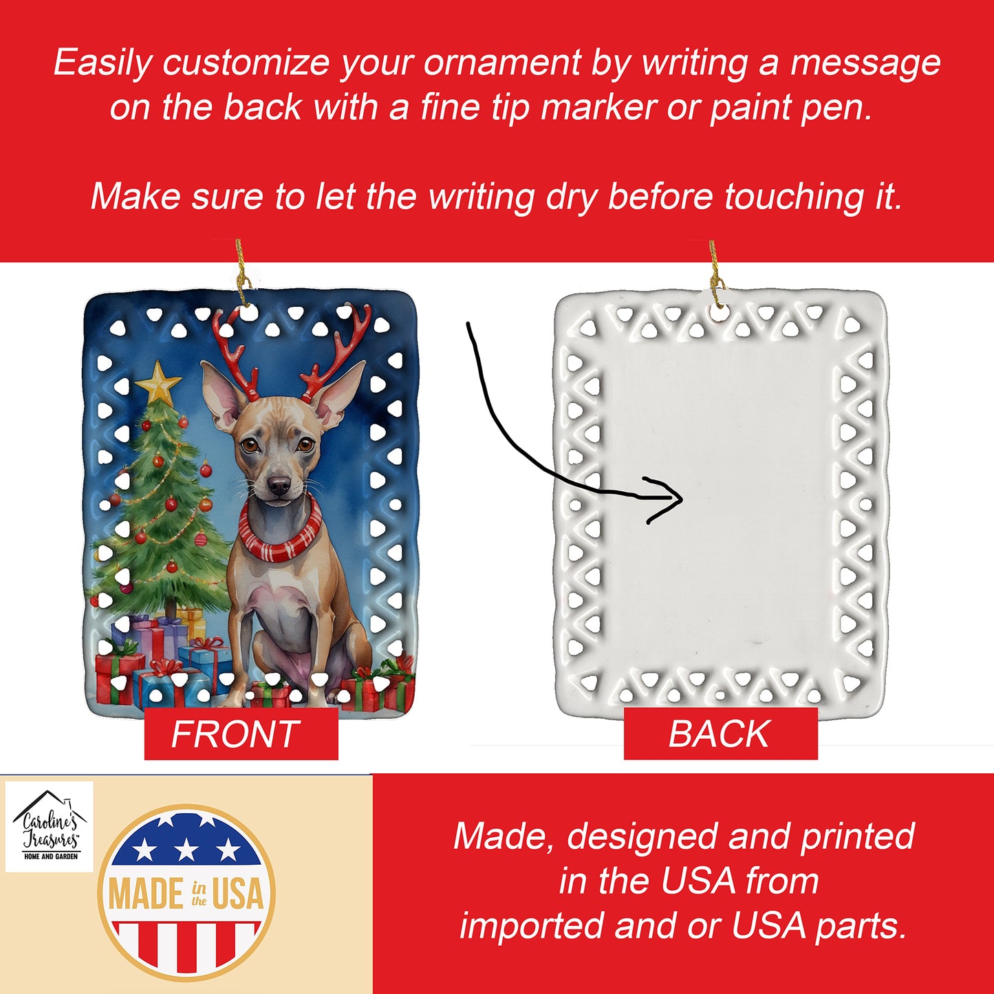 American Hairless Terrier Christmas Reindeer Porcelain Ornament