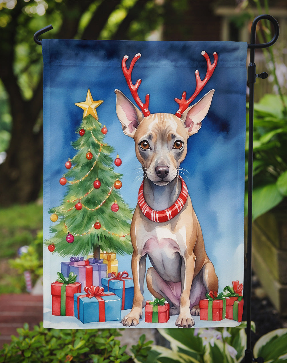 American Hairless Terrier Christmas Reindeer Garden Flag