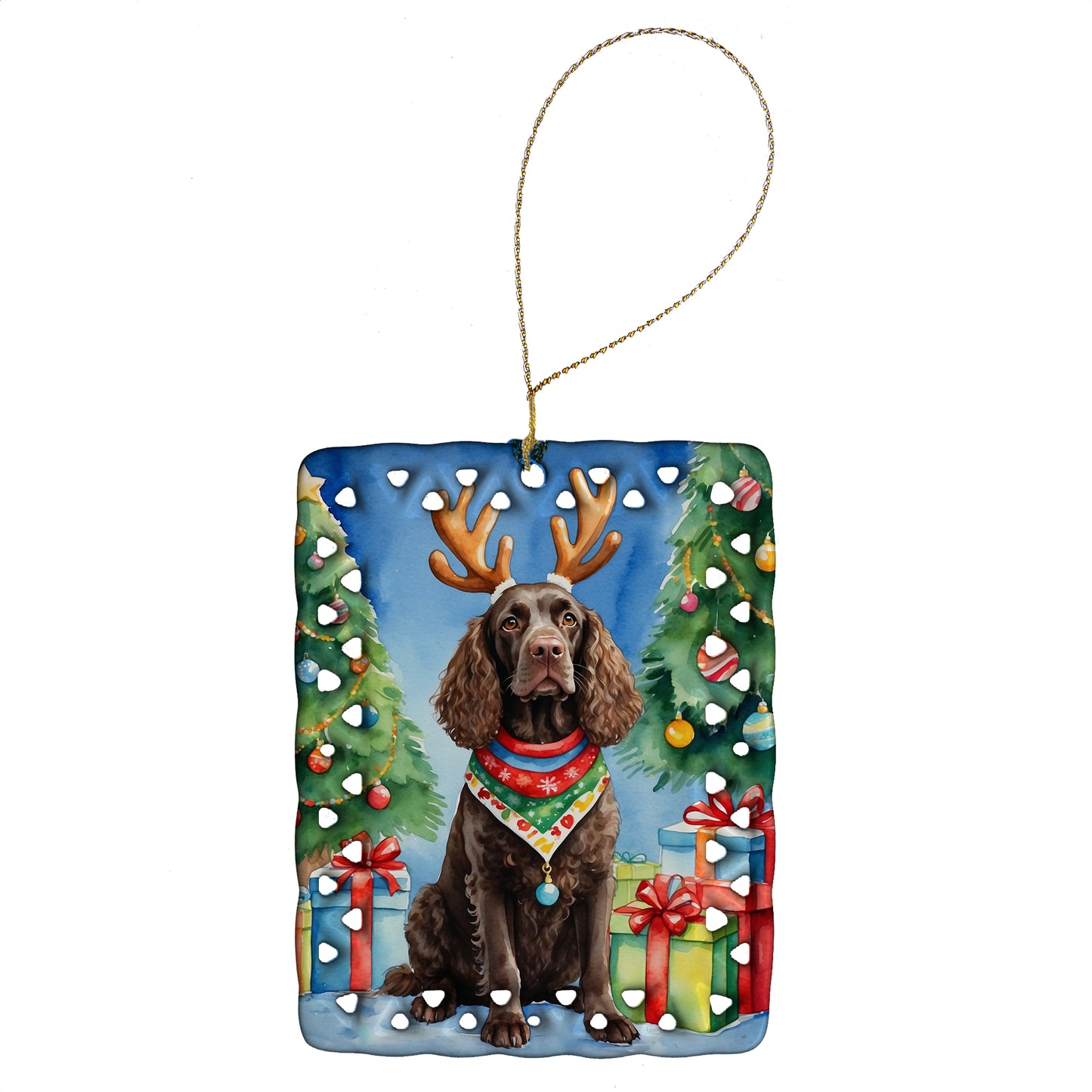 Buy this American Water Spaniel Christmas Reindeer Porcelain Ornament