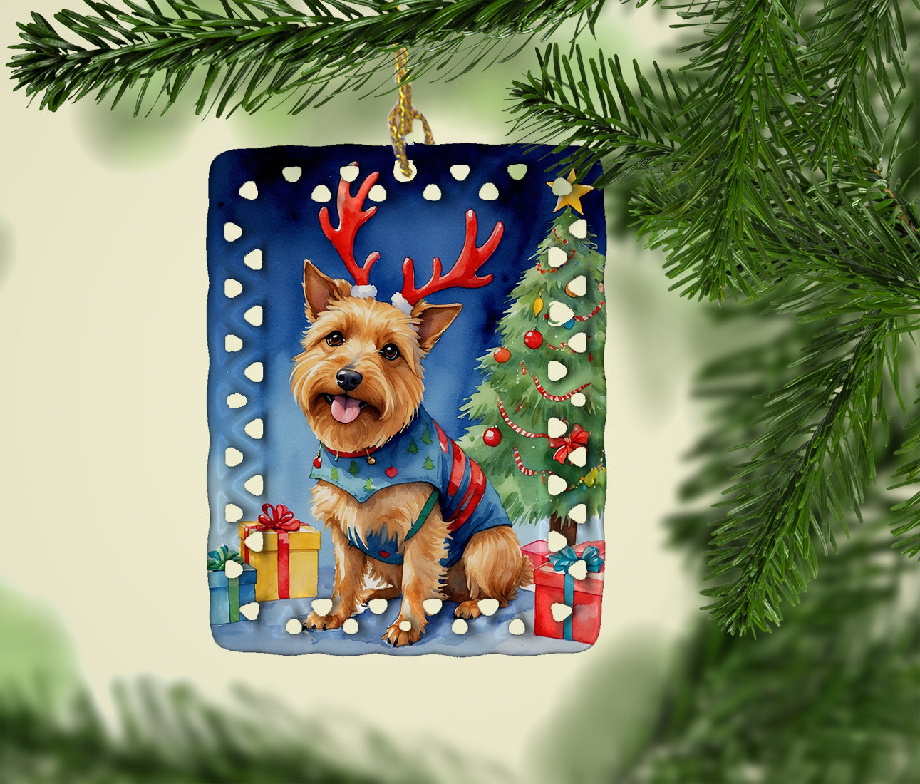 Australian Terrier Christmas Reindeer Porcelain Ornament