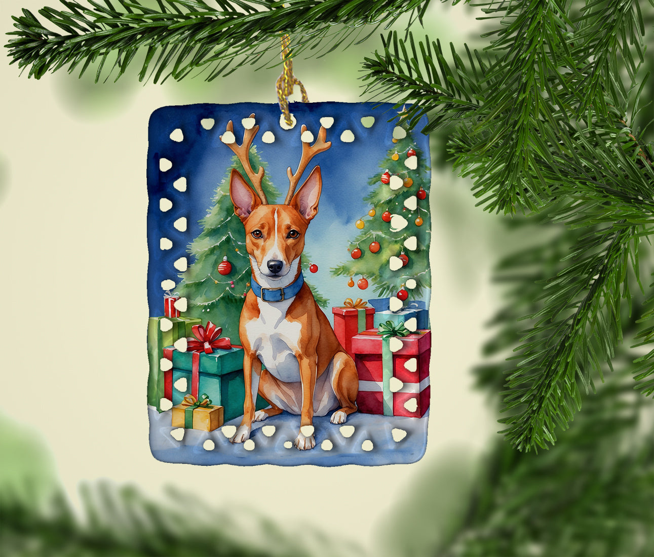 Basenji Christmas Reindeer Porcelain Ornament