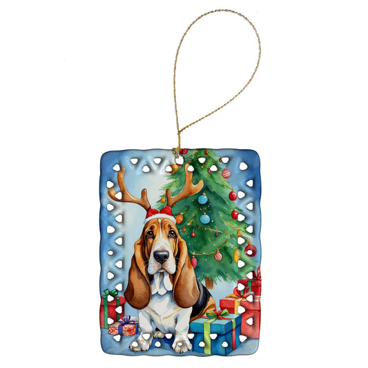 Buy this Basset Hound Christmas Reindeer Porcelain Ornament