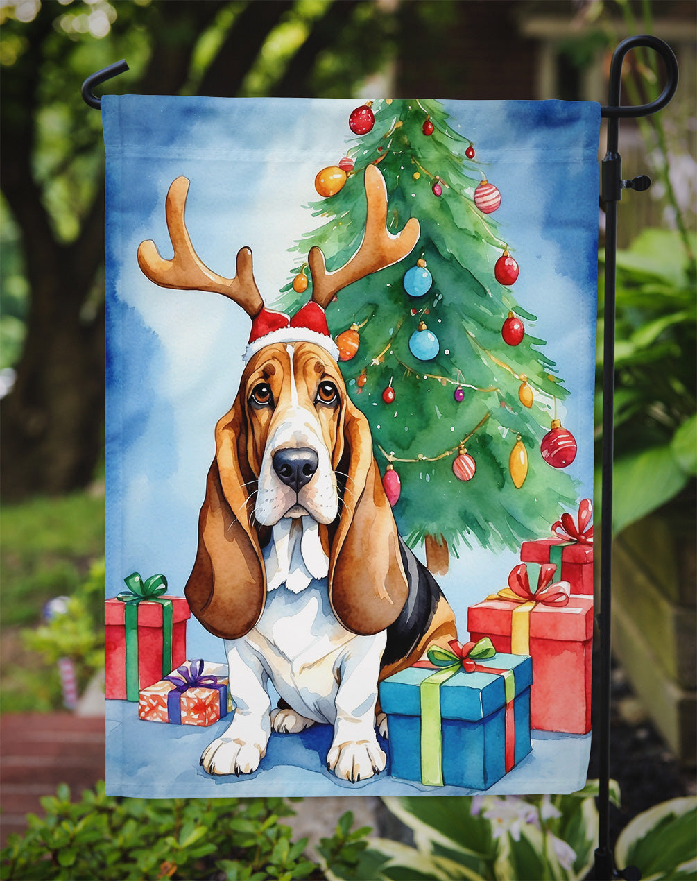 Basset Hound Christmas Reindeer Garden Flag