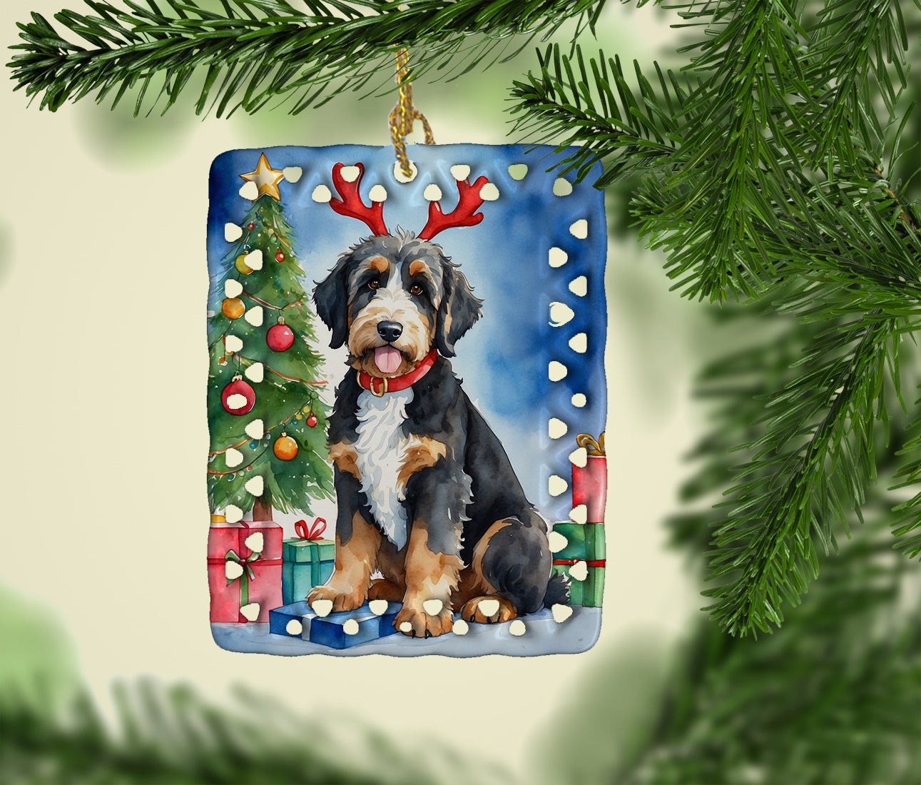 Bernedoodle Christmas Reindeer Porcelain Ornament