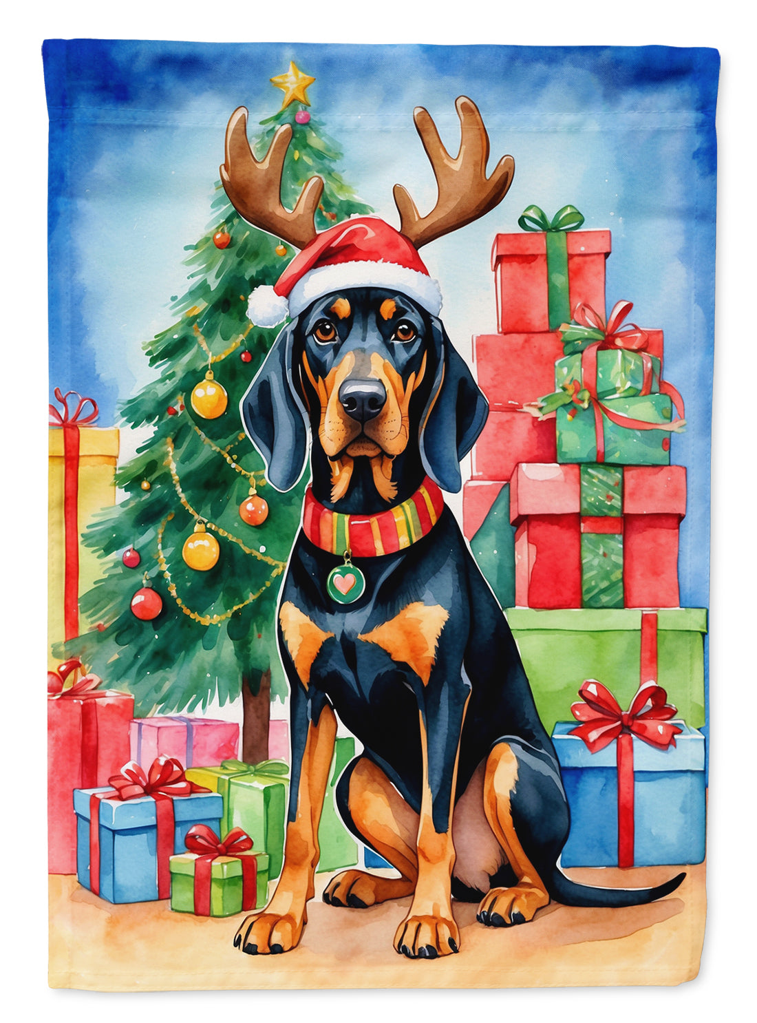 Buy this Black and Tan Coonhound Christmas Reindeer House Flag