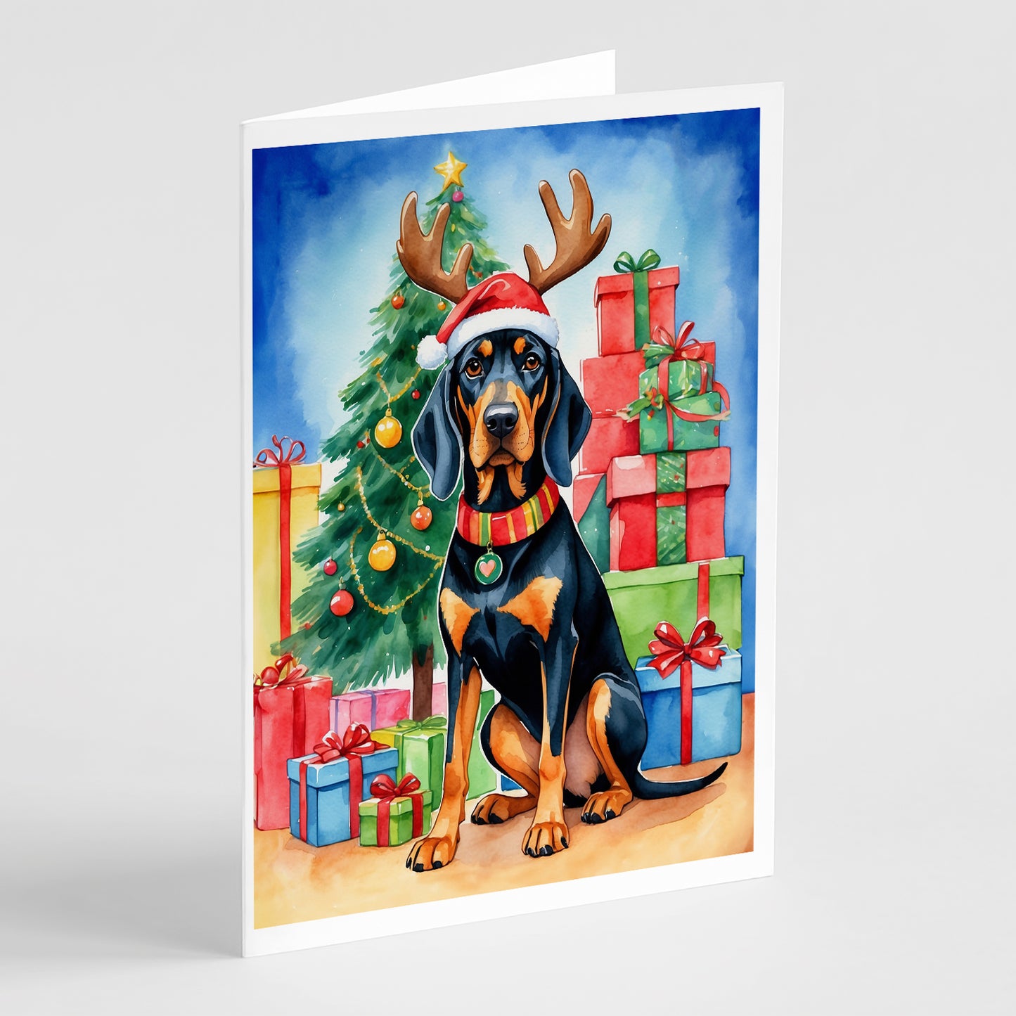 Buy this Black and Tan Coonhound Christmas Reindeer Greeting Cards Pack of 8