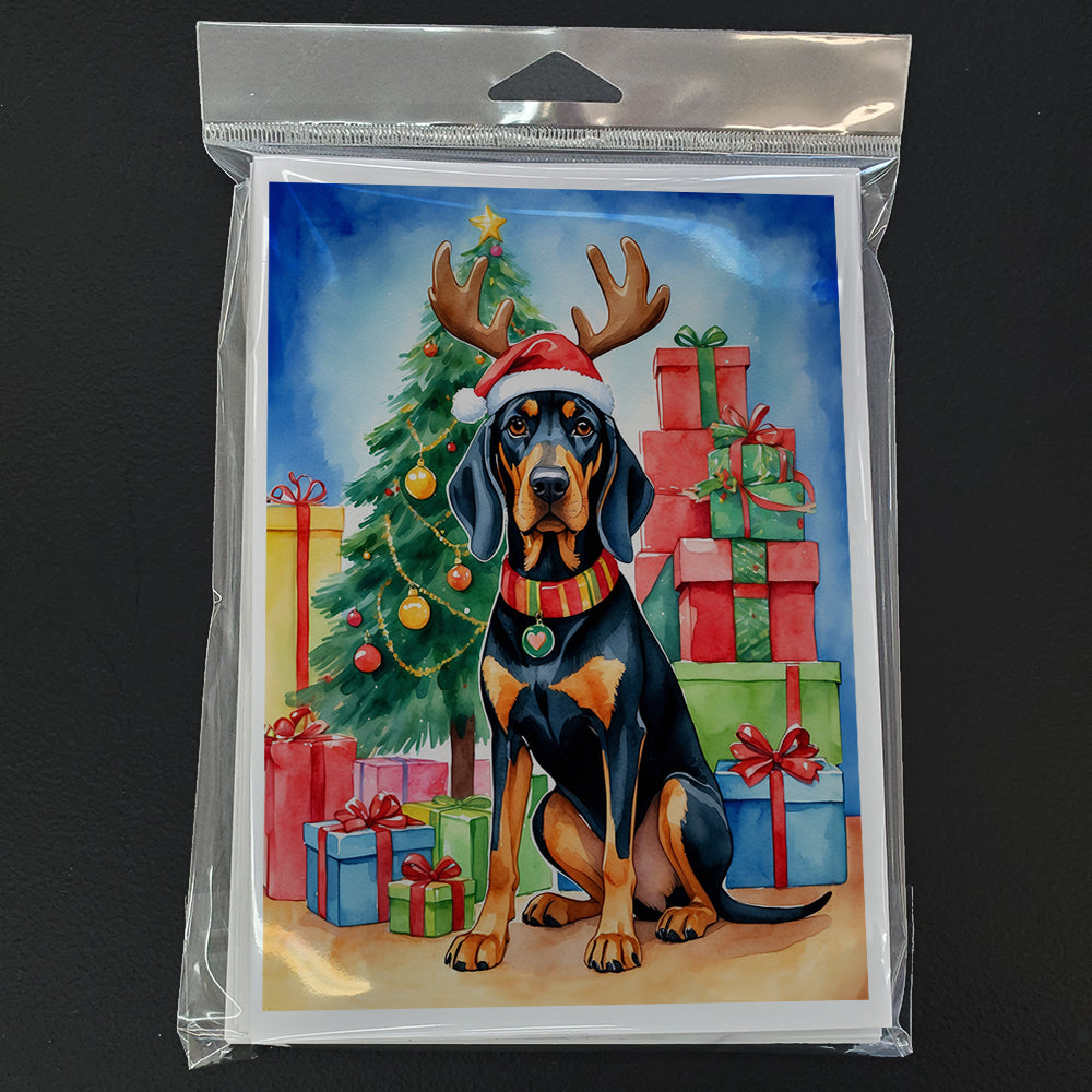 Black and Tan Coonhound Christmas Reindeer Greeting Cards Pack of 8