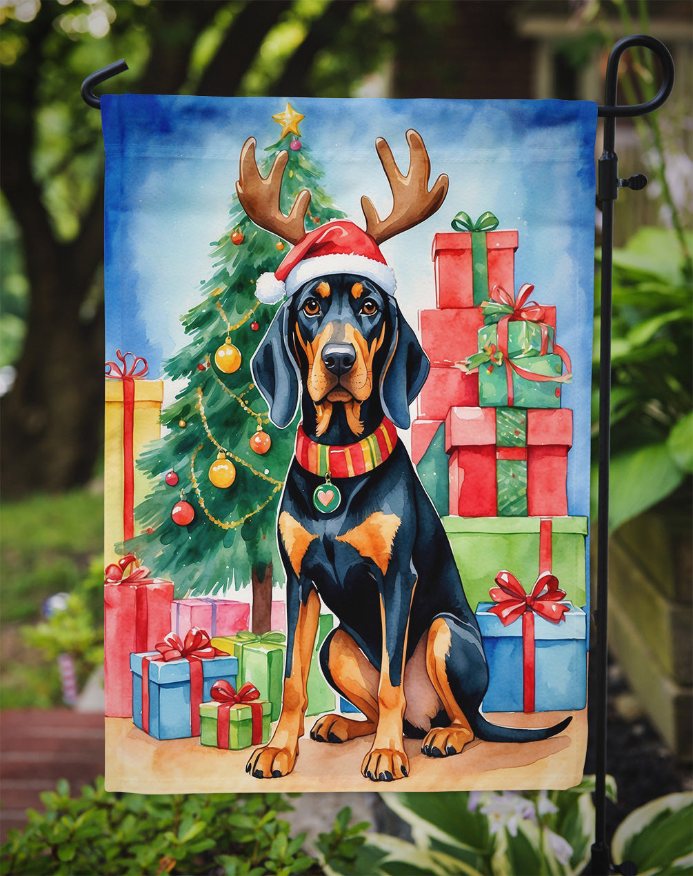 Black and Tan Coonhound Christmas Reindeer Garden Flag