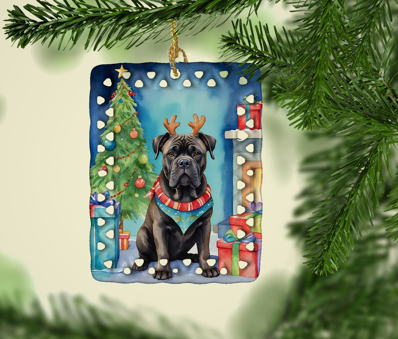 Cane Corso Christmas Reindeer Porcelain Ornament