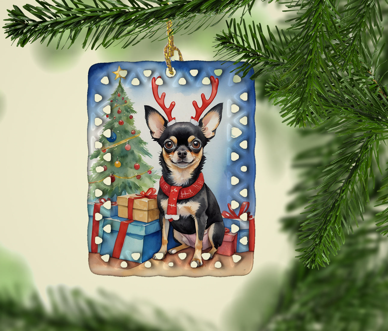 Black and Tan Chihuahua Christmas Reindeer Porcelain Ornament