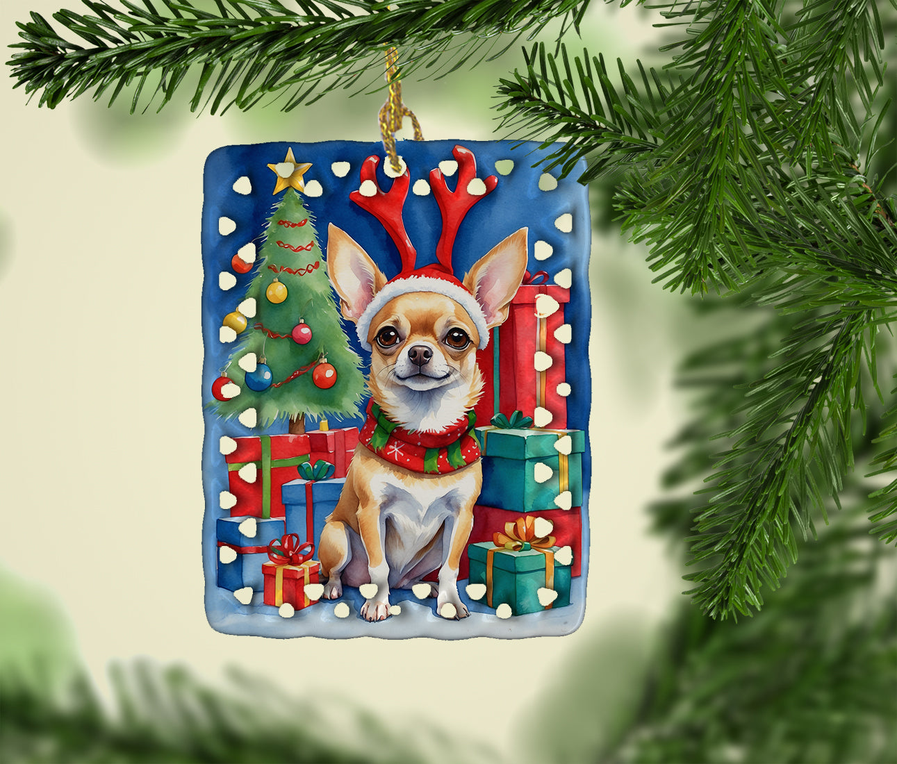 Chihuahua Christmas Reindeer Porcelain Ornament