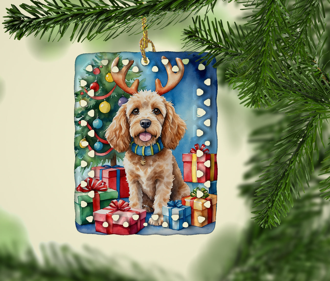 Cockapoo Christmas Reindeer Porcelain Ornament