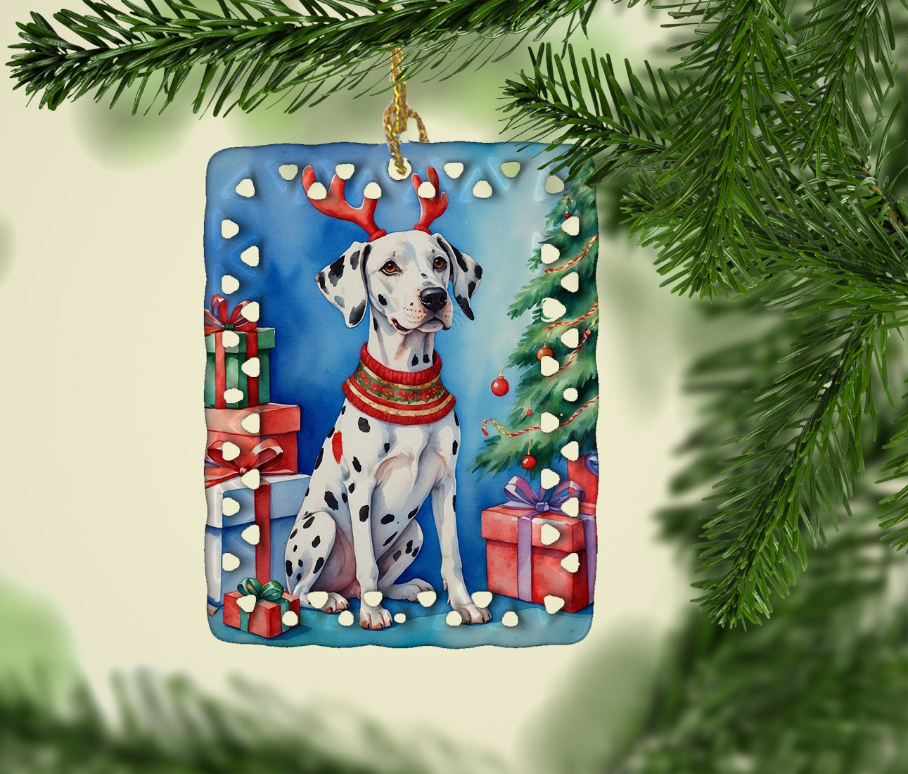 Dalmatian Christmas Reindeer Porcelain Ornament