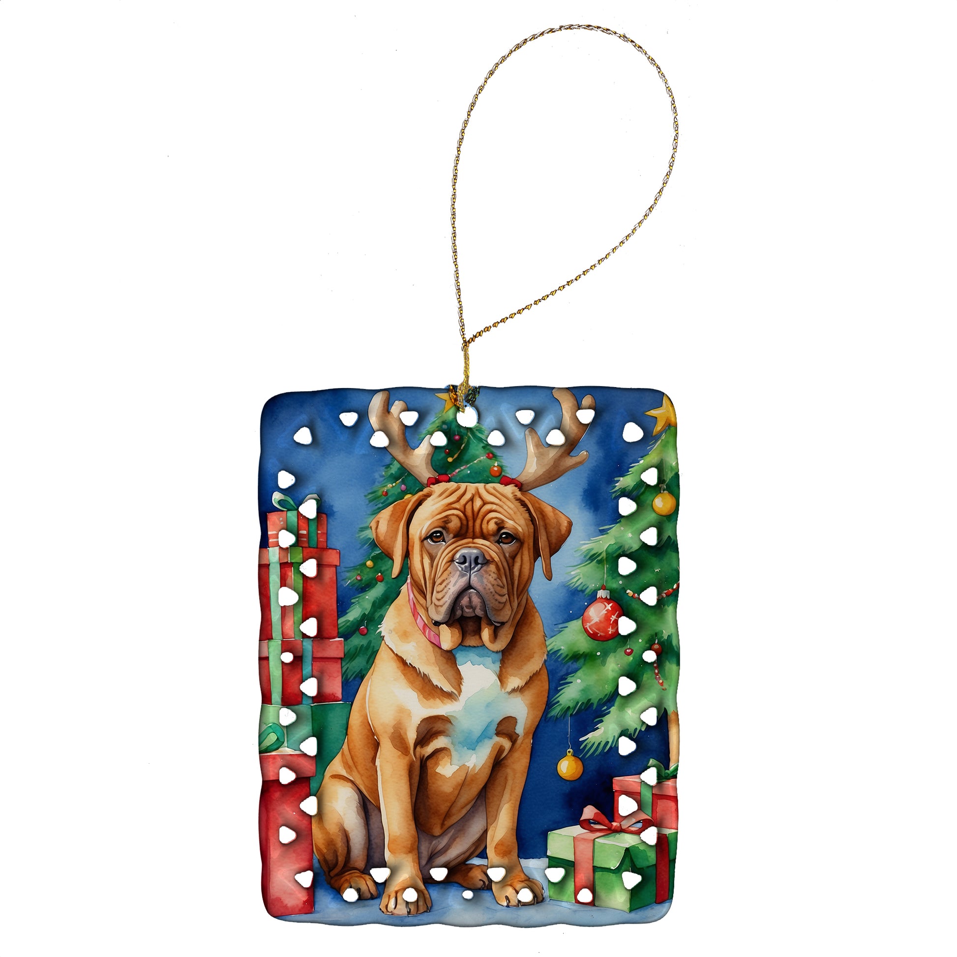 Buy this Dogue de Bordeaux Christmas Reindeer Porcelain Ornament