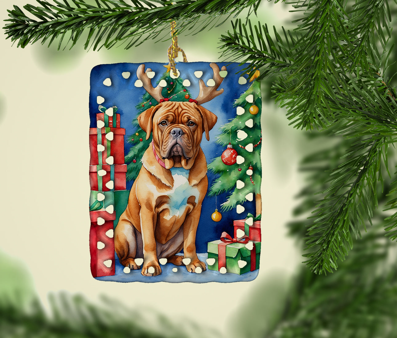 Dogue de Bordeaux Christmas Reindeer Porcelain Ornament