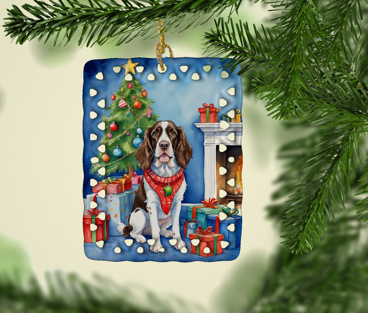 English Springer Spaniel Christmas Reindeer Porcelain Ornament