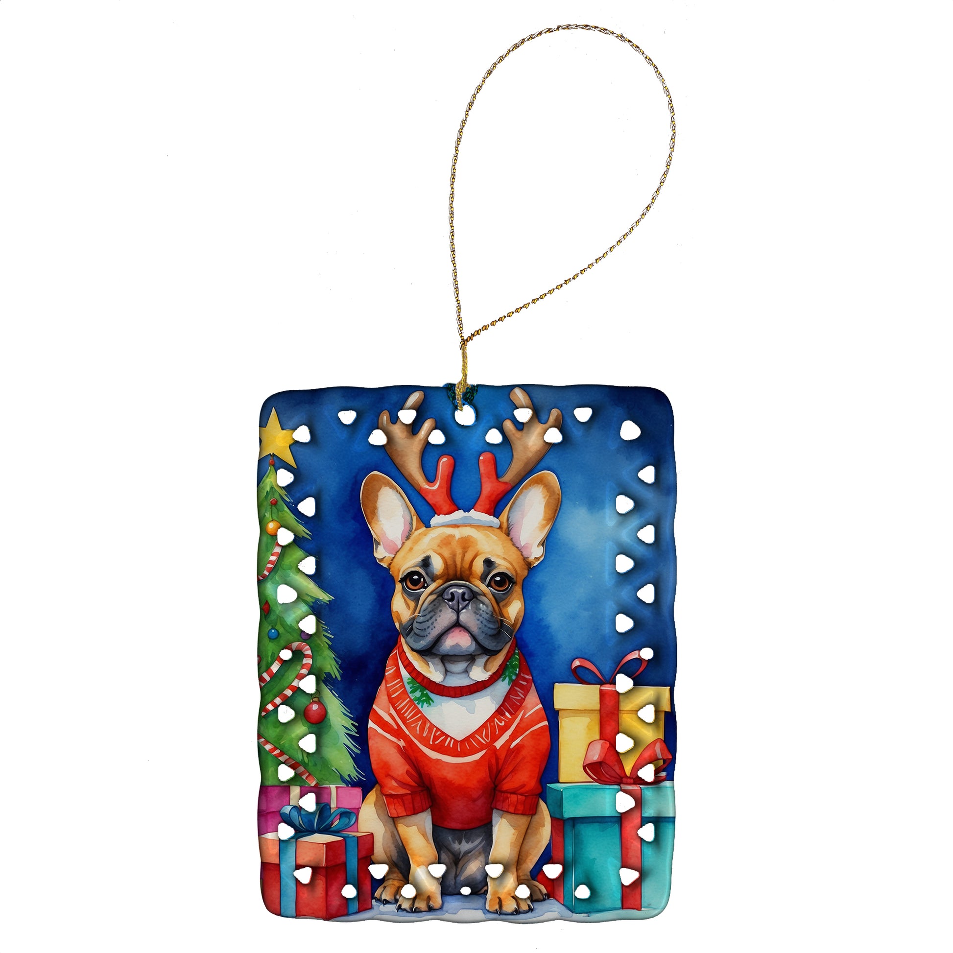 Buy this French Bulldog Christmas Reindeer Porcelain Ornament