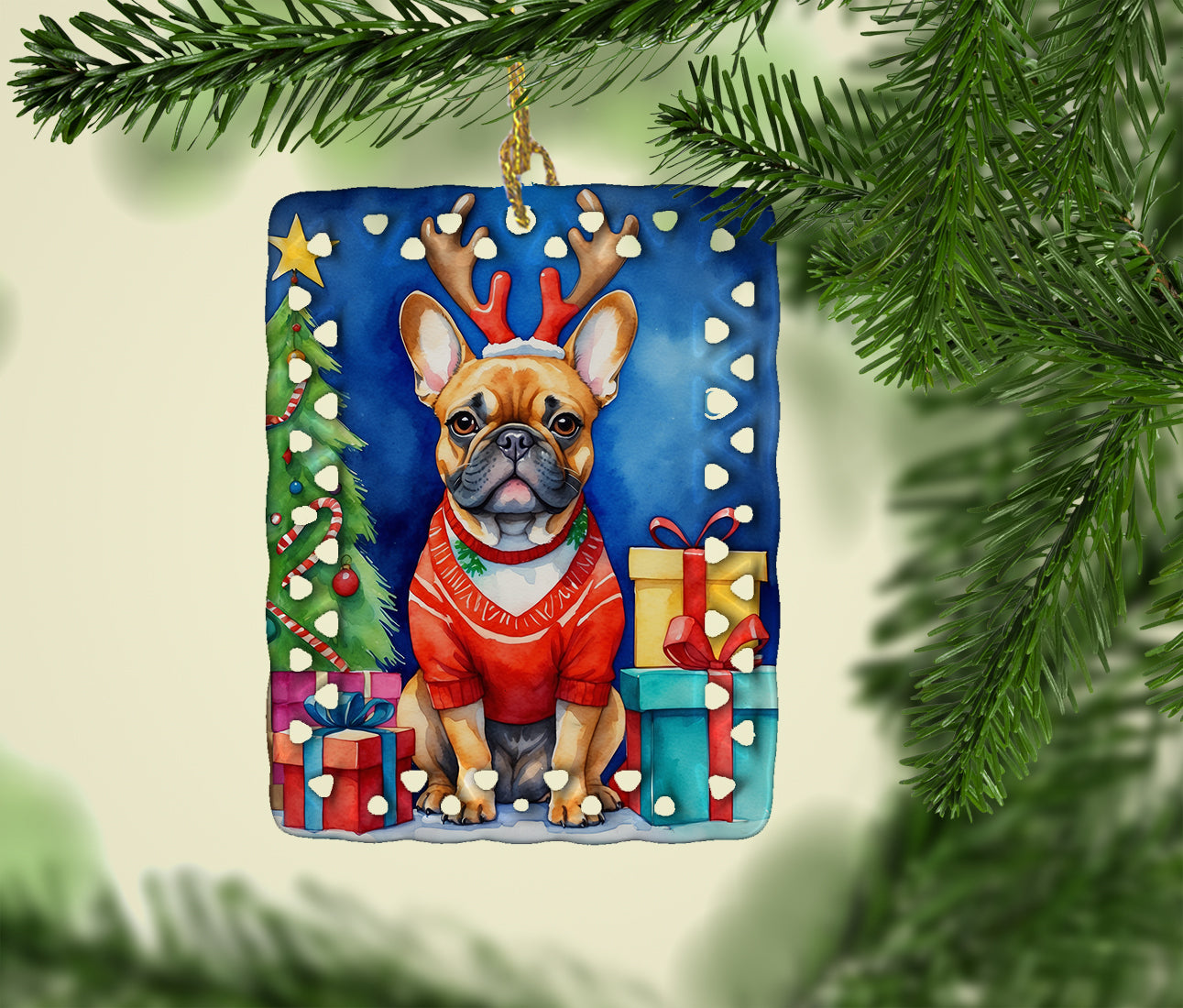 French Bulldog Christmas Reindeer Porcelain Ornament