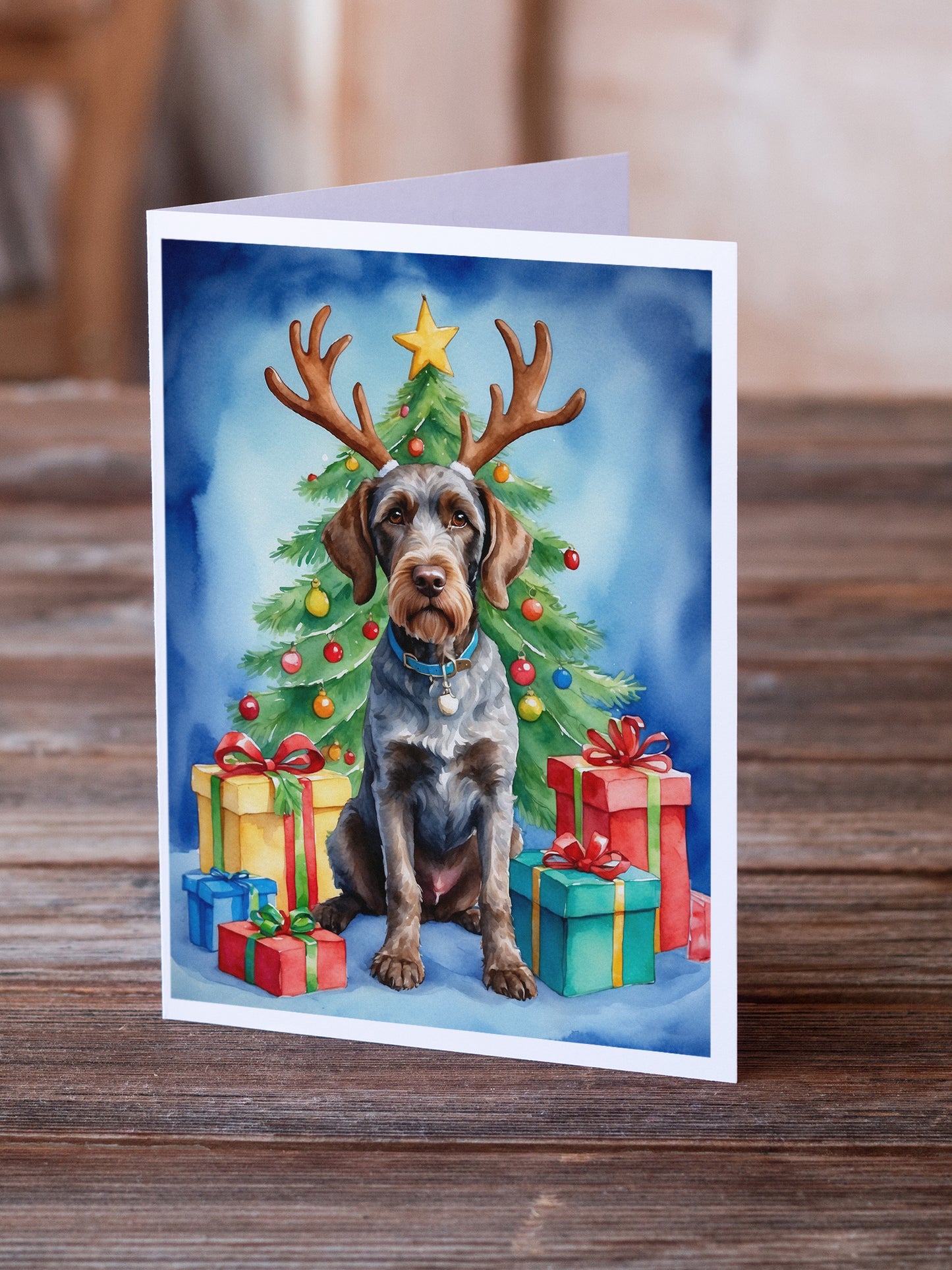 German Wirehaired Pointer Christmas Reindeer Greeting Cards Pack of 8