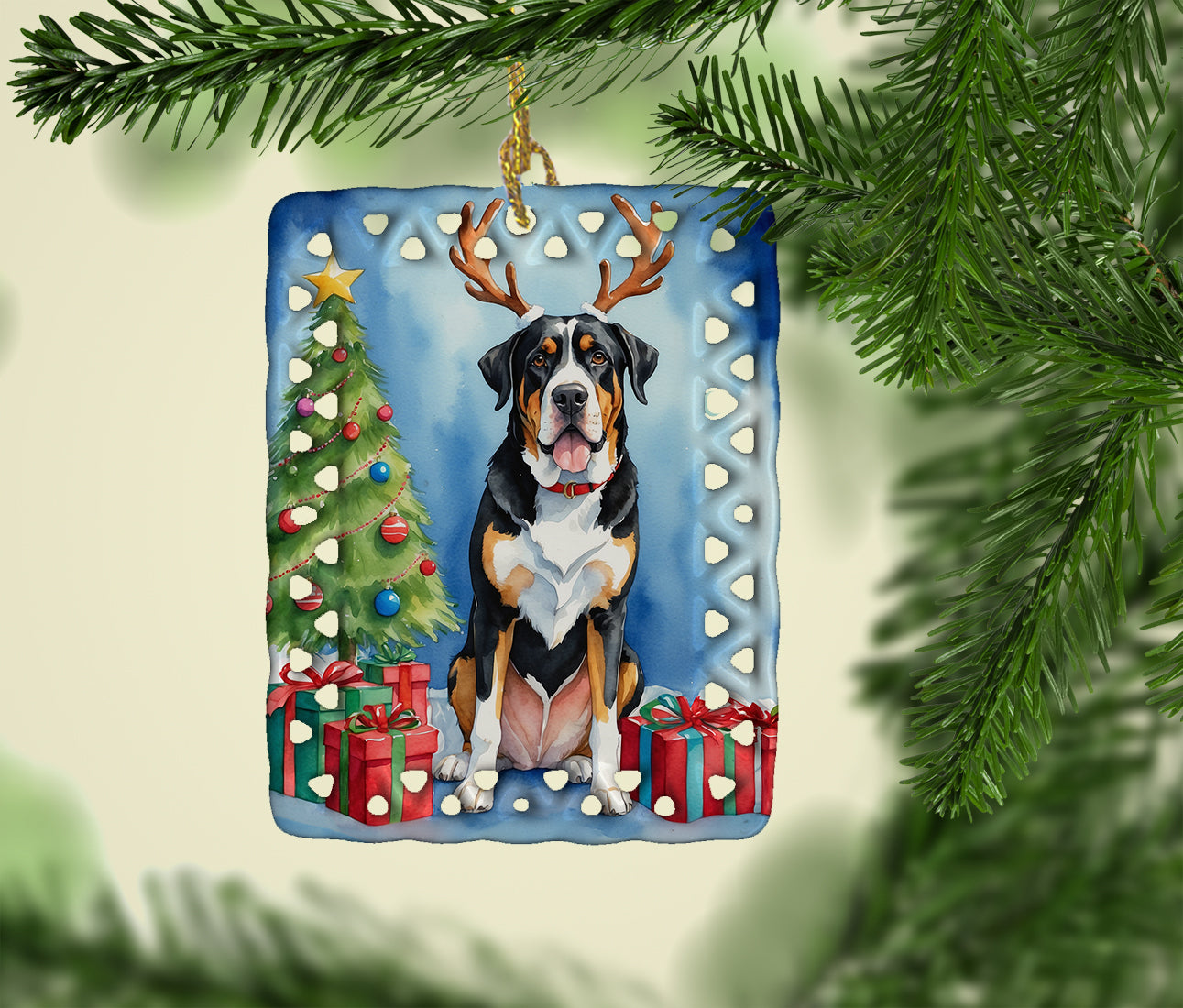 Greater Swiss Mountain Dog Christmas Reindeer Porcelain Ornament