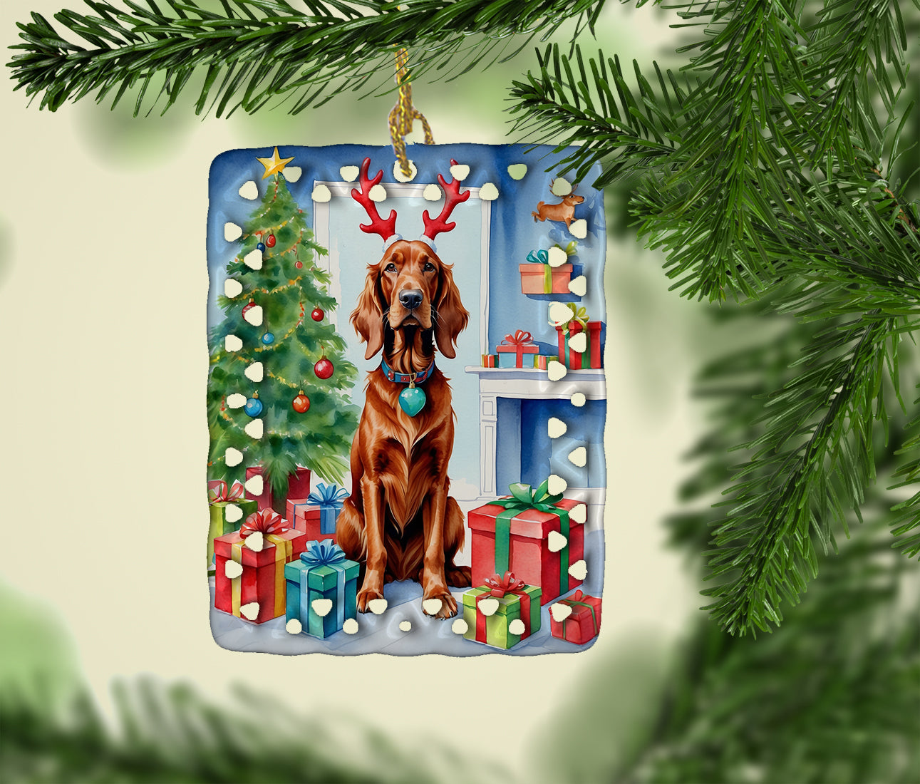 Irish Setter Christmas Reindeer Porcelain Ornament