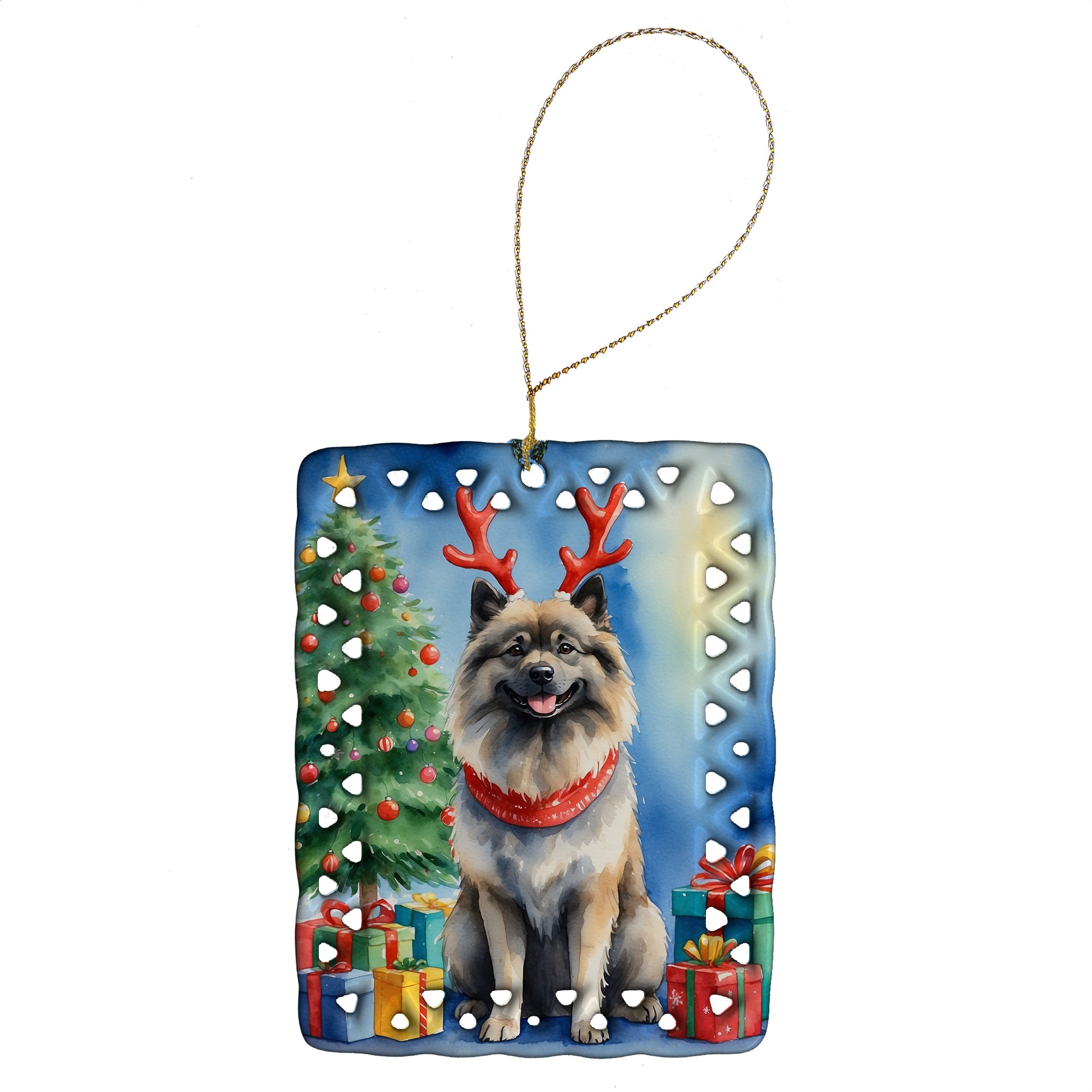 Buy this Keeshond Christmas Reindeer Porcelain Ornament