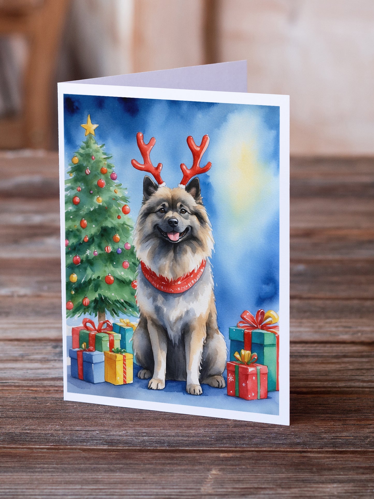 Keeshond Christmas Reindeer Greeting Cards Pack of 8