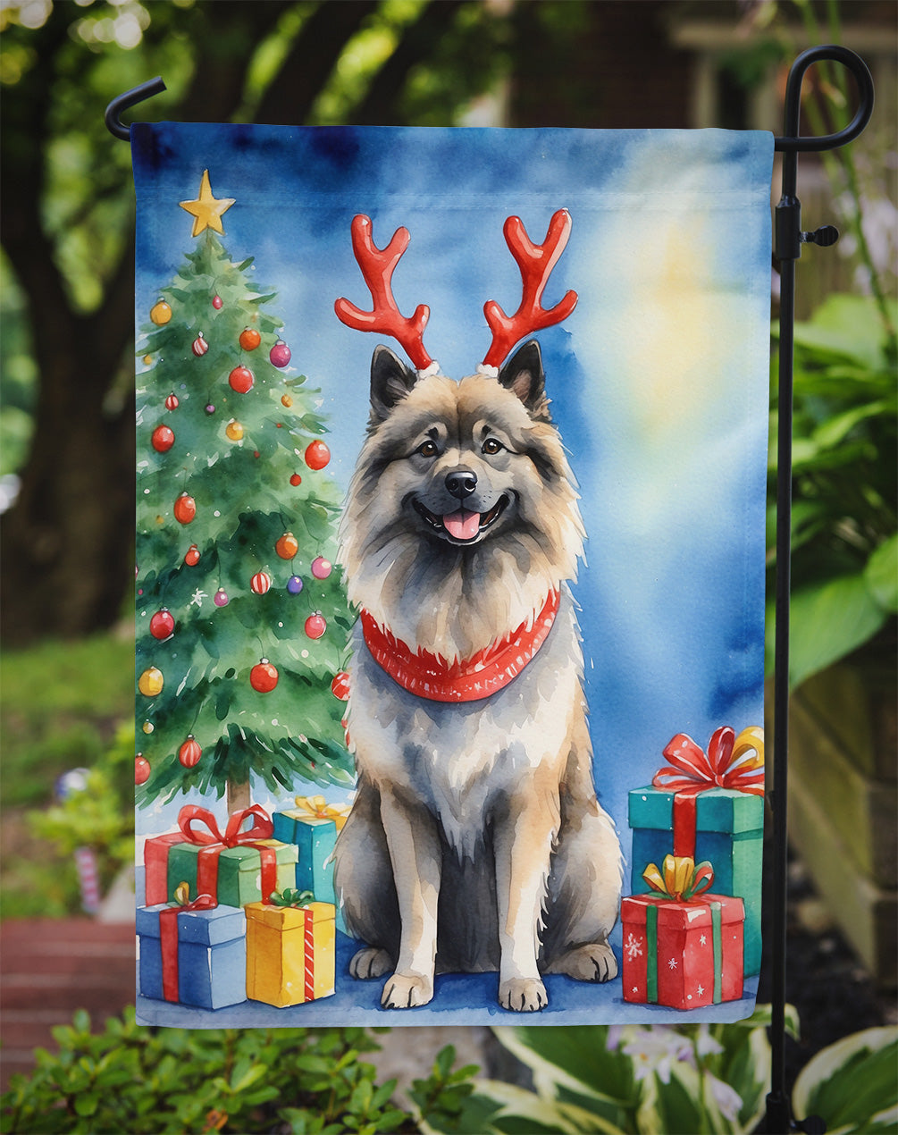 Keeshond Christmas Reindeer Garden Flag